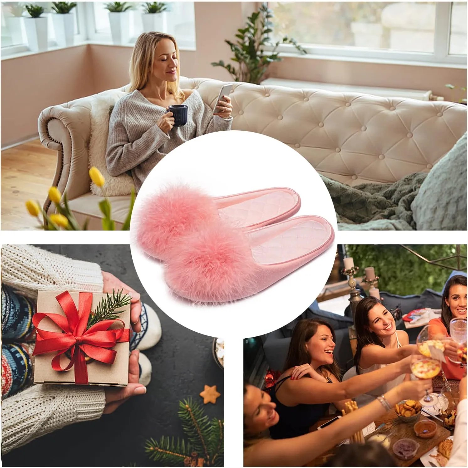 GRITHEIM Women's Fuzzy Pom Pom Velvet Memory Foam House Slippers Ladies Cozy Chenille Knit Bedroom Slippers Non-slip Sole Indoor Outdoor