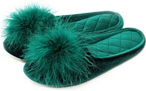 GRITHEIM Women's Fuzzy Pom Pom Velvet Memory Foam House Slippers Ladies Cozy Chenille Knit Bedroom Slippers Non-slip Sole Indoor Outdoor