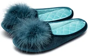 GRITHEIM Women's Fuzzy Pom Pom Velvet Memory Foam House Slippers Ladies Cozy Chenille Knit Bedroom Slippers Non-slip Sole Indoor Outdoor