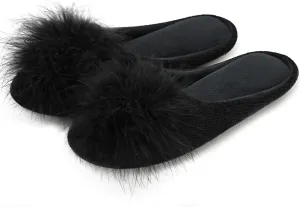 GRITHEIM Women's Fuzzy Pom Pom Velvet Memory Foam House Slippers Ladies Cozy Chenille Knit Bedroom Slippers Non-slip Sole Indoor Outdoor