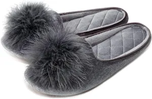 GRITHEIM Women's Fuzzy Pom Pom Velvet Memory Foam House Slippers Ladies Cozy Chenille Knit Bedroom Slippers Non-slip Sole Indoor Outdoor