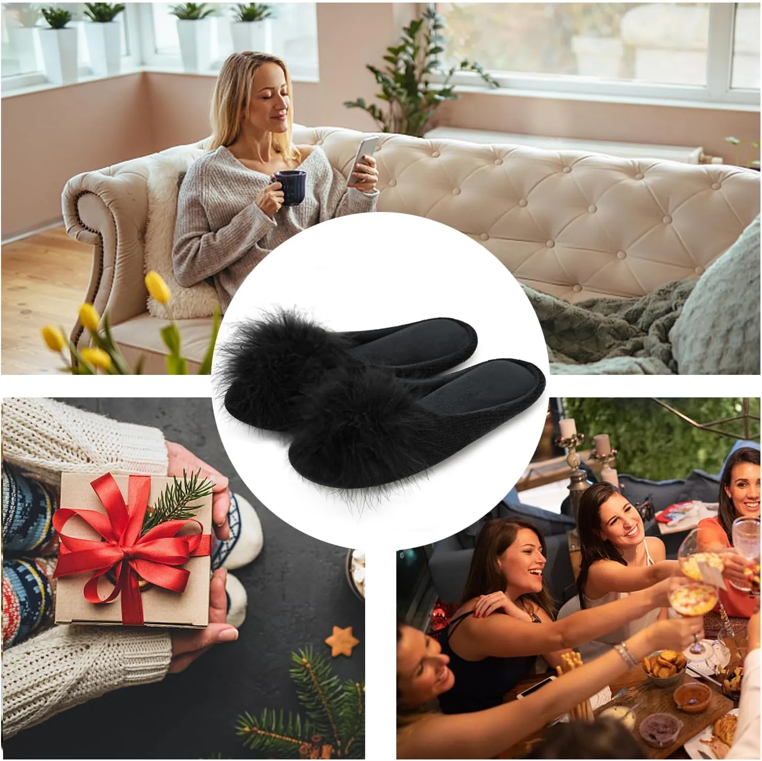 GRITHEIM Women's Fuzzy Pom Pom Velvet Memory Foam House Slippers Ladies Cozy Chenille Knit Bedroom Slippers Non-slip Sole Indoor Outdoor