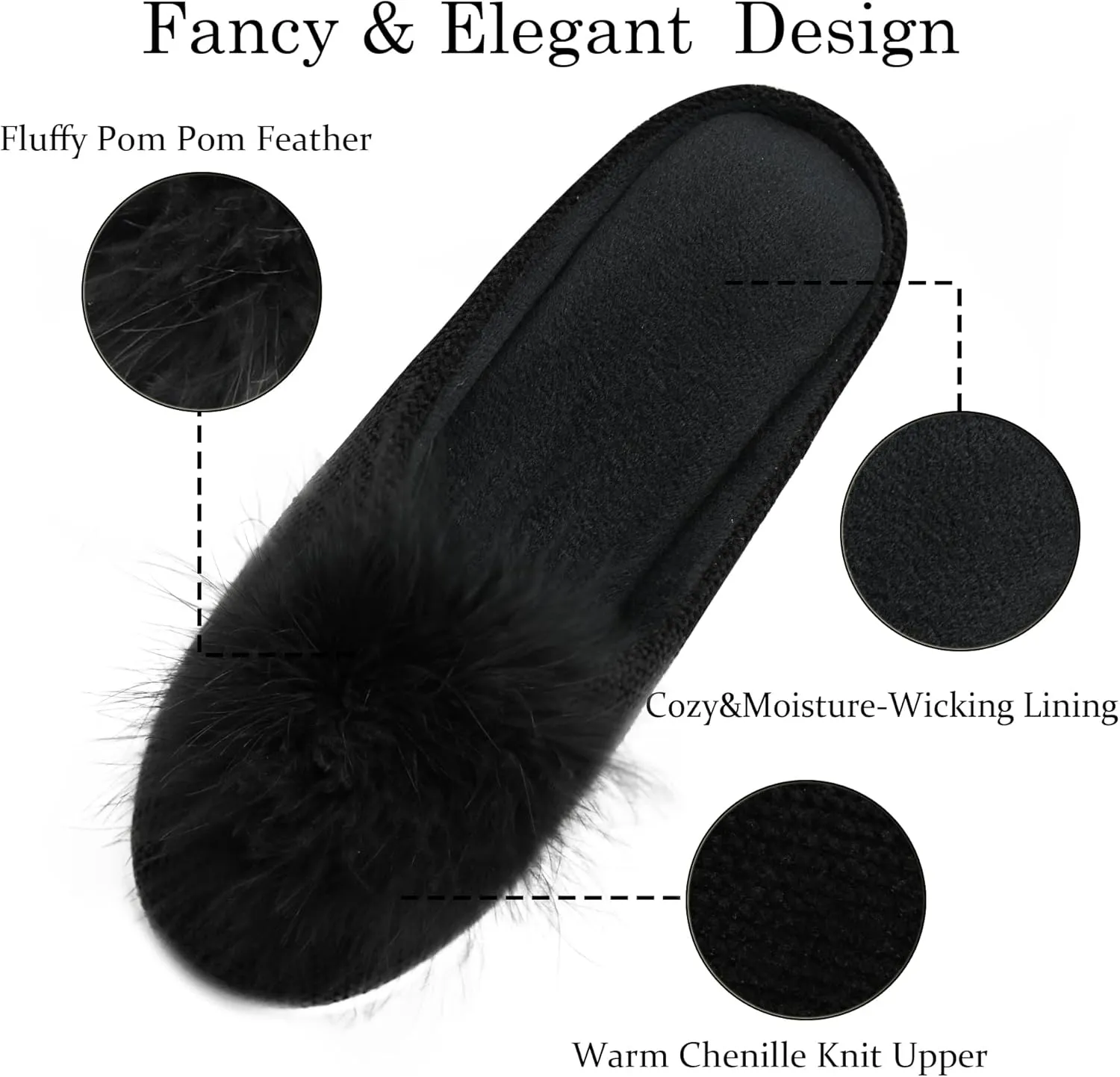 GRITHEIM Women's Fuzzy Pom Pom Velvet Memory Foam House Slippers Ladies Cozy Chenille Knit Bedroom Slippers Non-slip Sole Indoor Outdoor