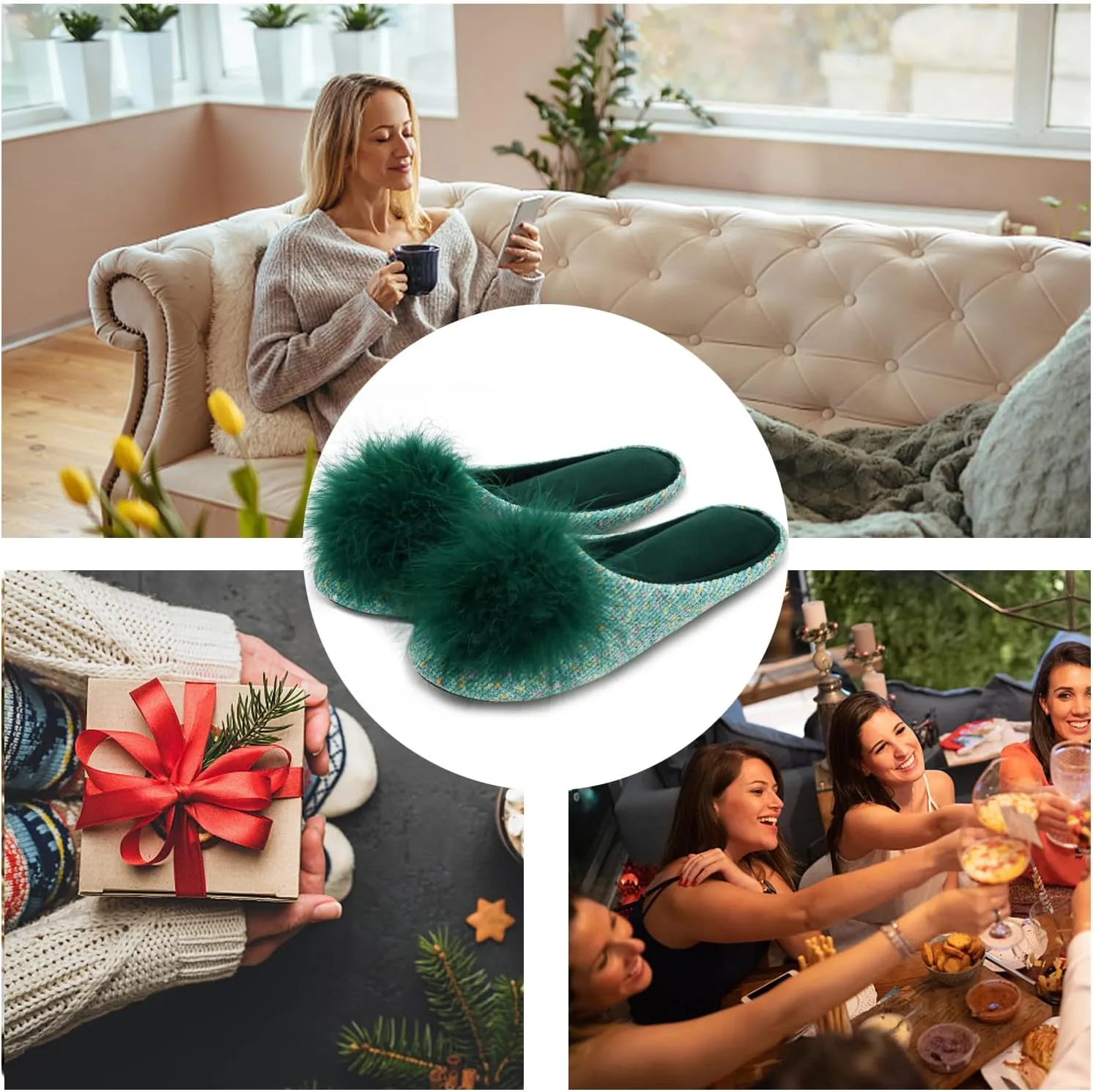 GRITHEIM Women's Fuzzy Pom Pom Velvet Memory Foam House Slippers Ladies Cozy Chenille Knit Bedroom Slippers Non-slip Sole Indoor Outdoor