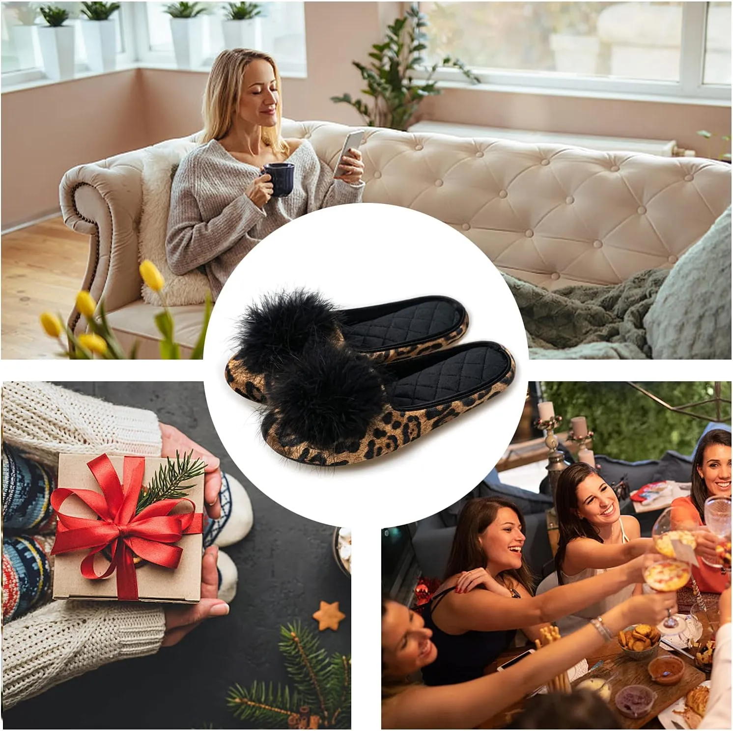 GRITHEIM Women's Fuzzy Pom Pom Velvet Memory Foam House Slippers Ladies Cozy Chenille Knit Bedroom Slippers Non-slip Sole Indoor Outdoor