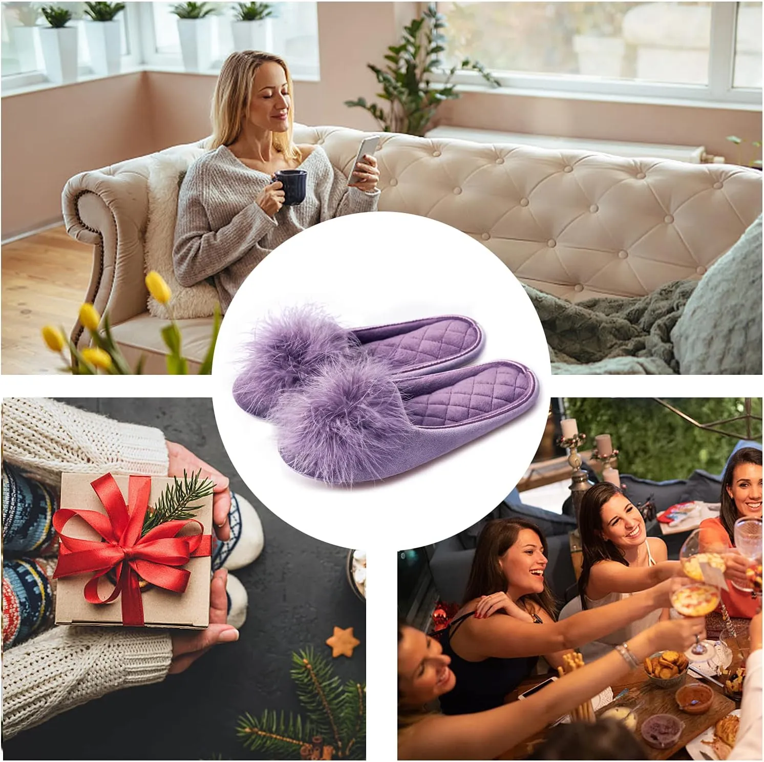 GRITHEIM Women's Fuzzy Pom Pom Velvet Memory Foam House Slippers Ladies Cozy Chenille Knit Bedroom Slippers Non-slip Sole Indoor Outdoor