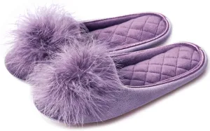 GRITHEIM Women's Fuzzy Pom Pom Velvet Memory Foam House Slippers Ladies Cozy Chenille Knit Bedroom Slippers Non-slip Sole Indoor Outdoor