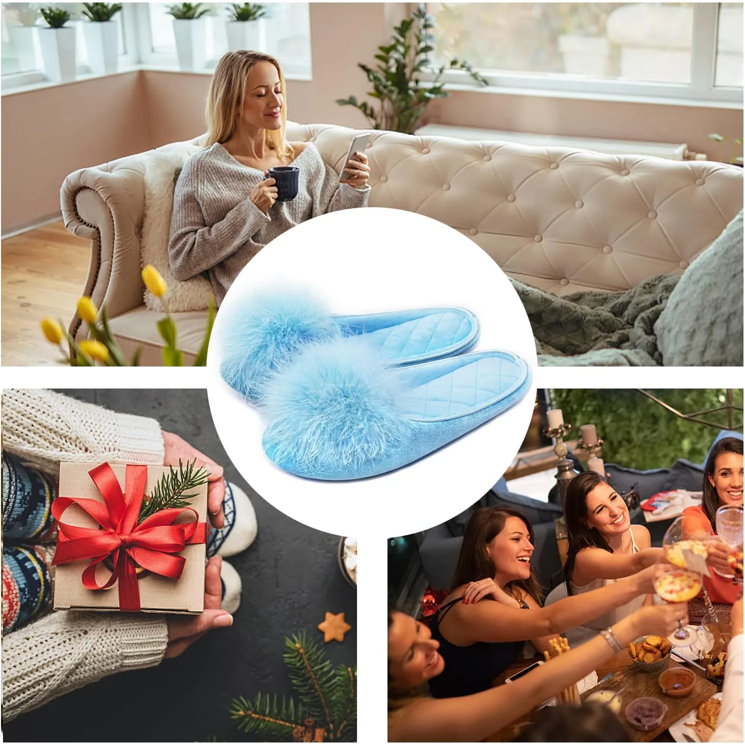 GRITHEIM Women's Fuzzy Pom Pom Velvet Memory Foam House Slippers Ladies Cozy Chenille Knit Bedroom Slippers Non-slip Sole Indoor Outdoor
