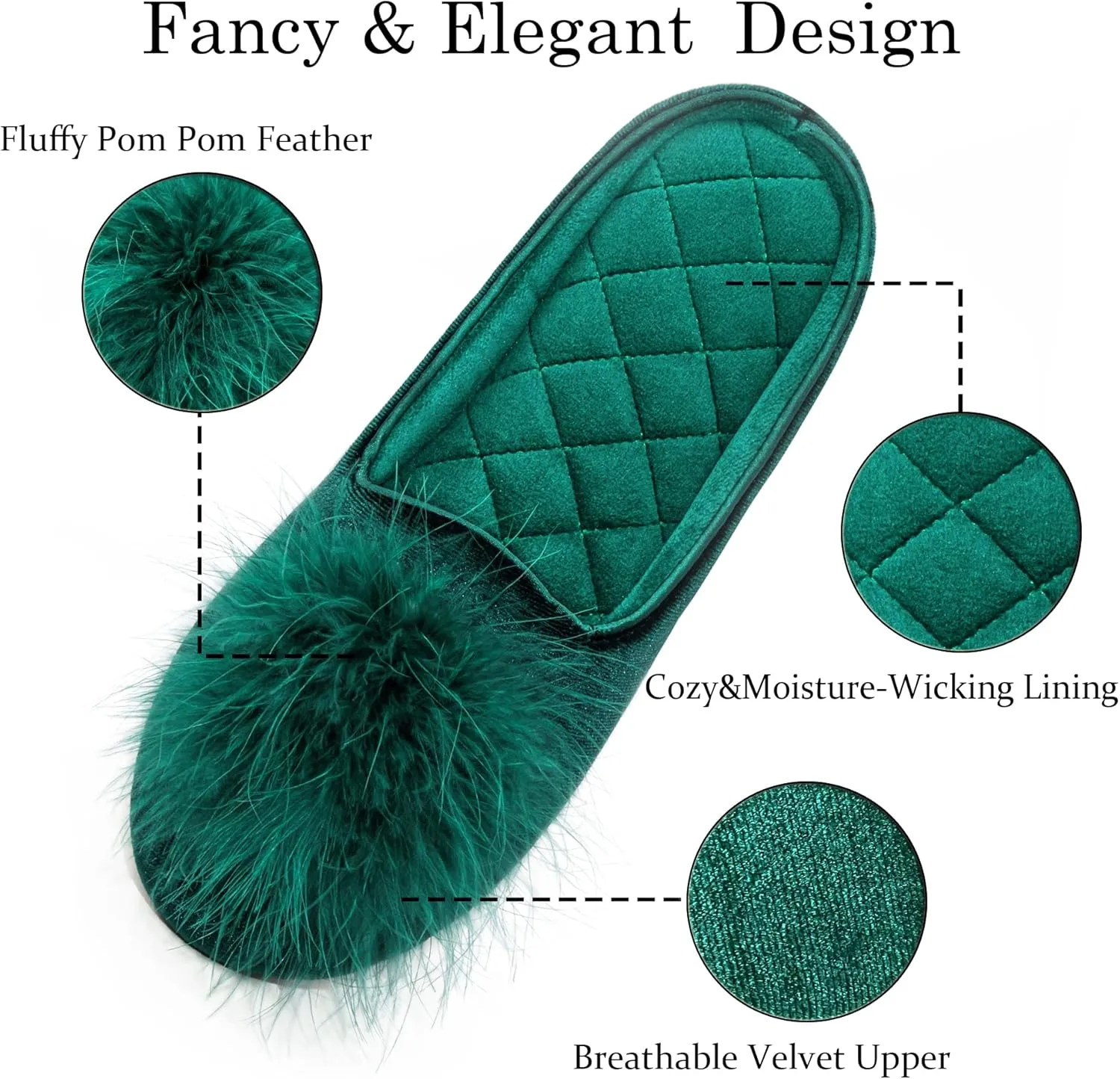 GRITHEIM Women's Fuzzy Pom Pom Velvet Memory Foam House Slippers Ladies Cozy Chenille Knit Bedroom Slippers Non-slip Sole Indoor Outdoor
