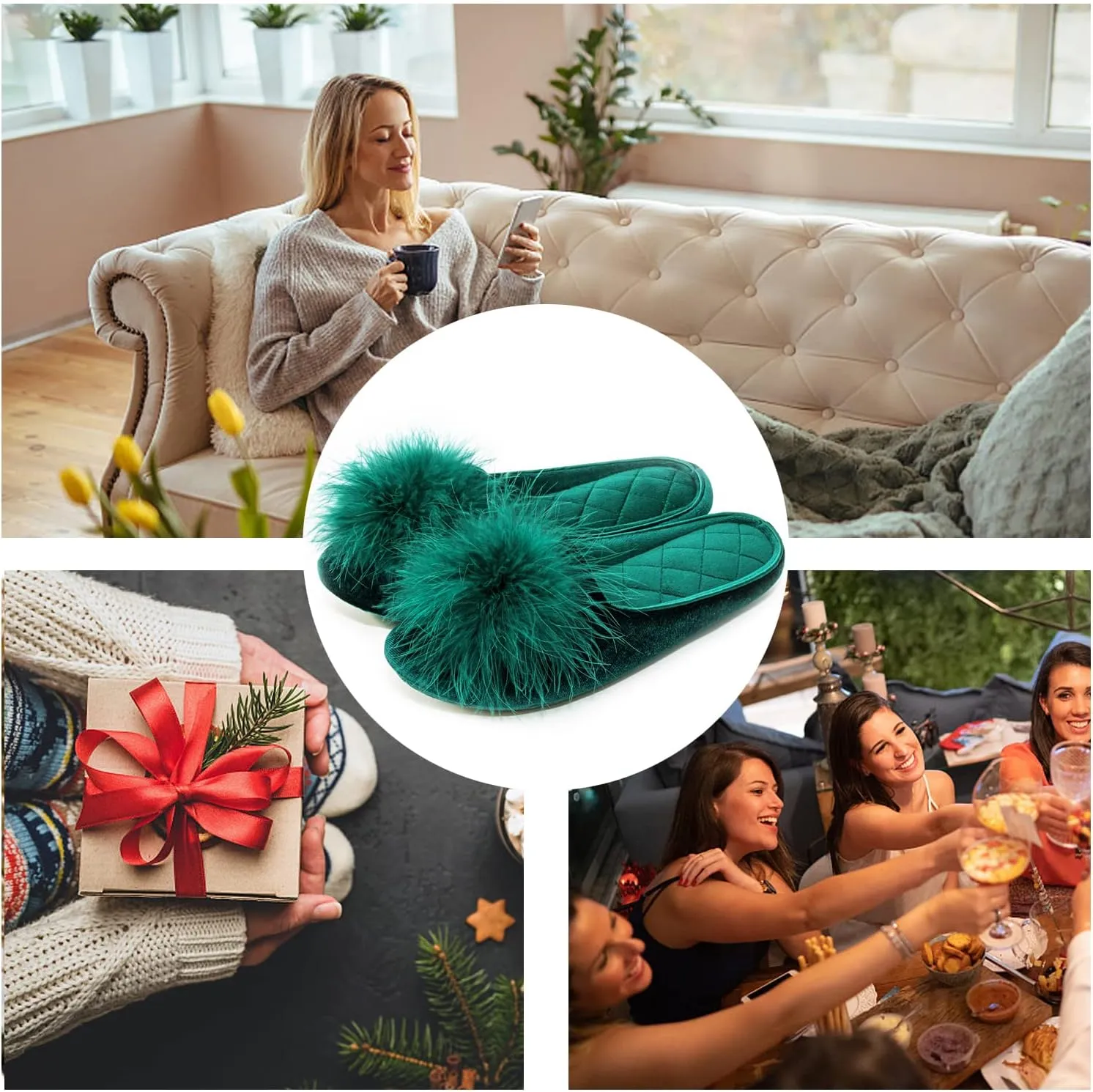 GRITHEIM Women's Fuzzy Pom Pom Velvet Memory Foam House Slippers Ladies Cozy Chenille Knit Bedroom Slippers Non-slip Sole Indoor Outdoor