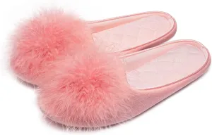 GRITHEIM Women's Fuzzy Pom Pom Velvet Memory Foam House Slippers Ladies Cozy Chenille Knit Bedroom Slippers Non-slip Sole Indoor Outdoor