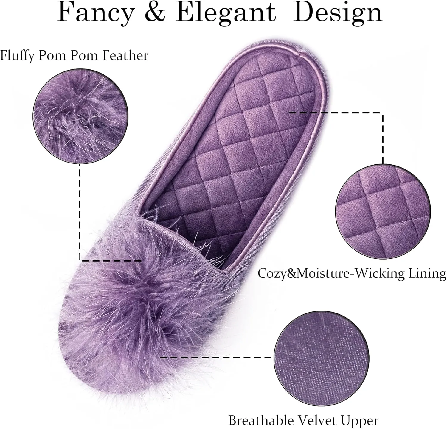GRITHEIM Women's Fuzzy Pom Pom Velvet Memory Foam House Slippers Ladies Cozy Chenille Knit Bedroom Slippers Non-slip Sole Indoor Outdoor