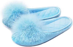 GRITHEIM Women's Fuzzy Pom Pom Velvet Memory Foam House Slippers Ladies Cozy Chenille Knit Bedroom Slippers Non-slip Sole Indoor Outdoor