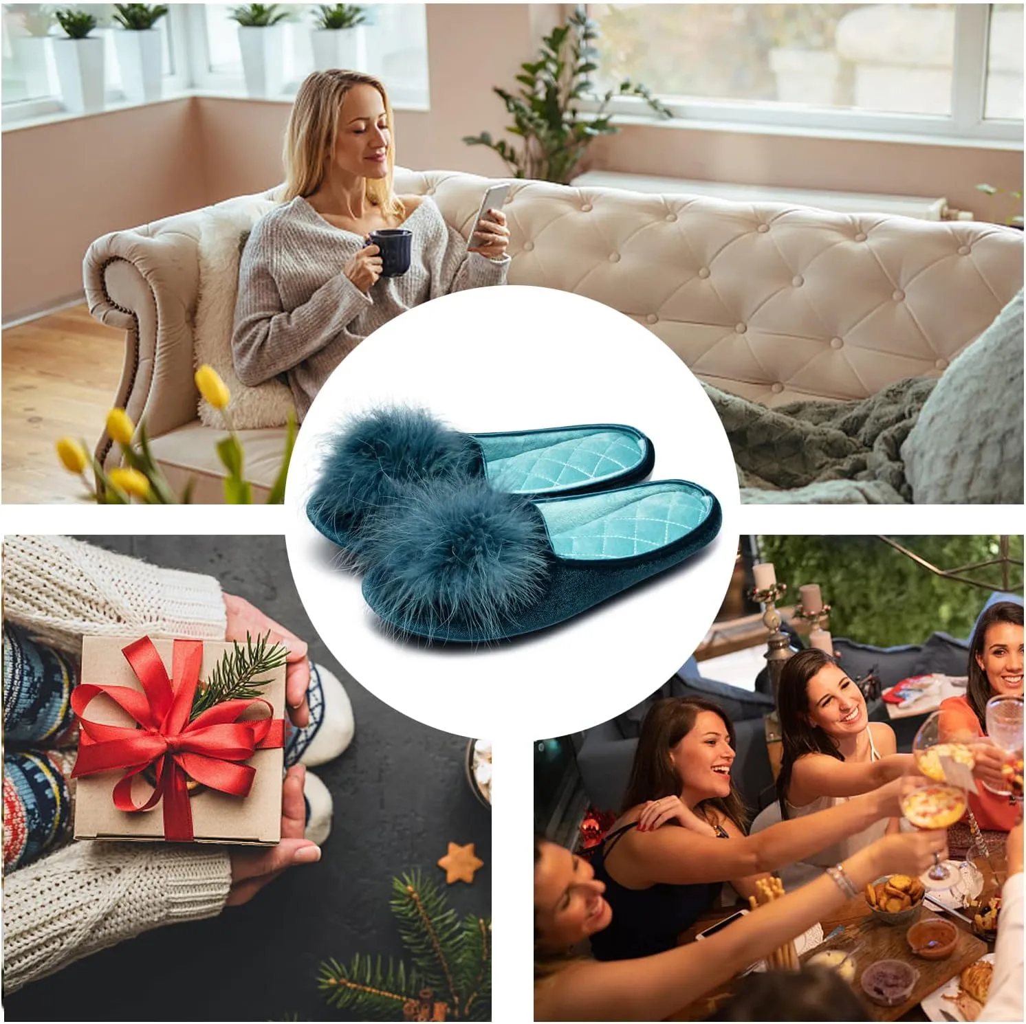 GRITHEIM Women's Fuzzy Pom Pom Velvet Memory Foam House Slippers Ladies Cozy Chenille Knit Bedroom Slippers Non-slip Sole Indoor Outdoor