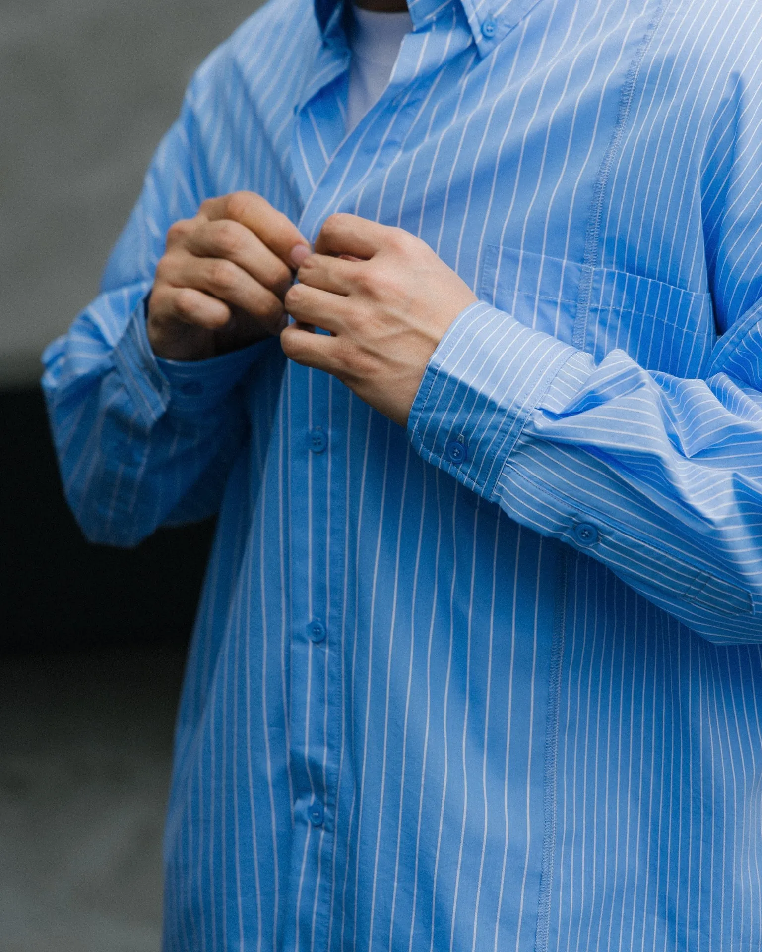 GROCERY TWO TONE PATCHWORK STRIPE SHIRT/ BLUE
