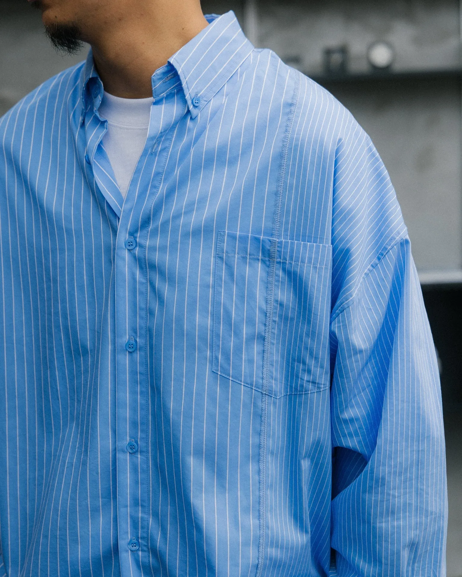 GROCERY TWO TONE PATCHWORK STRIPE SHIRT/ BLUE
