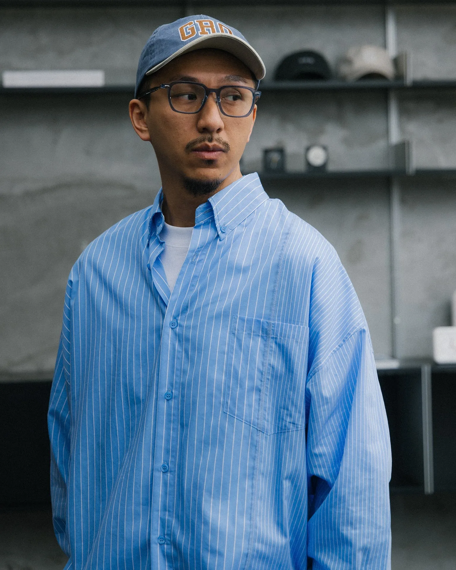 GROCERY TWO TONE PATCHWORK STRIPE SHIRT/ BLUE
