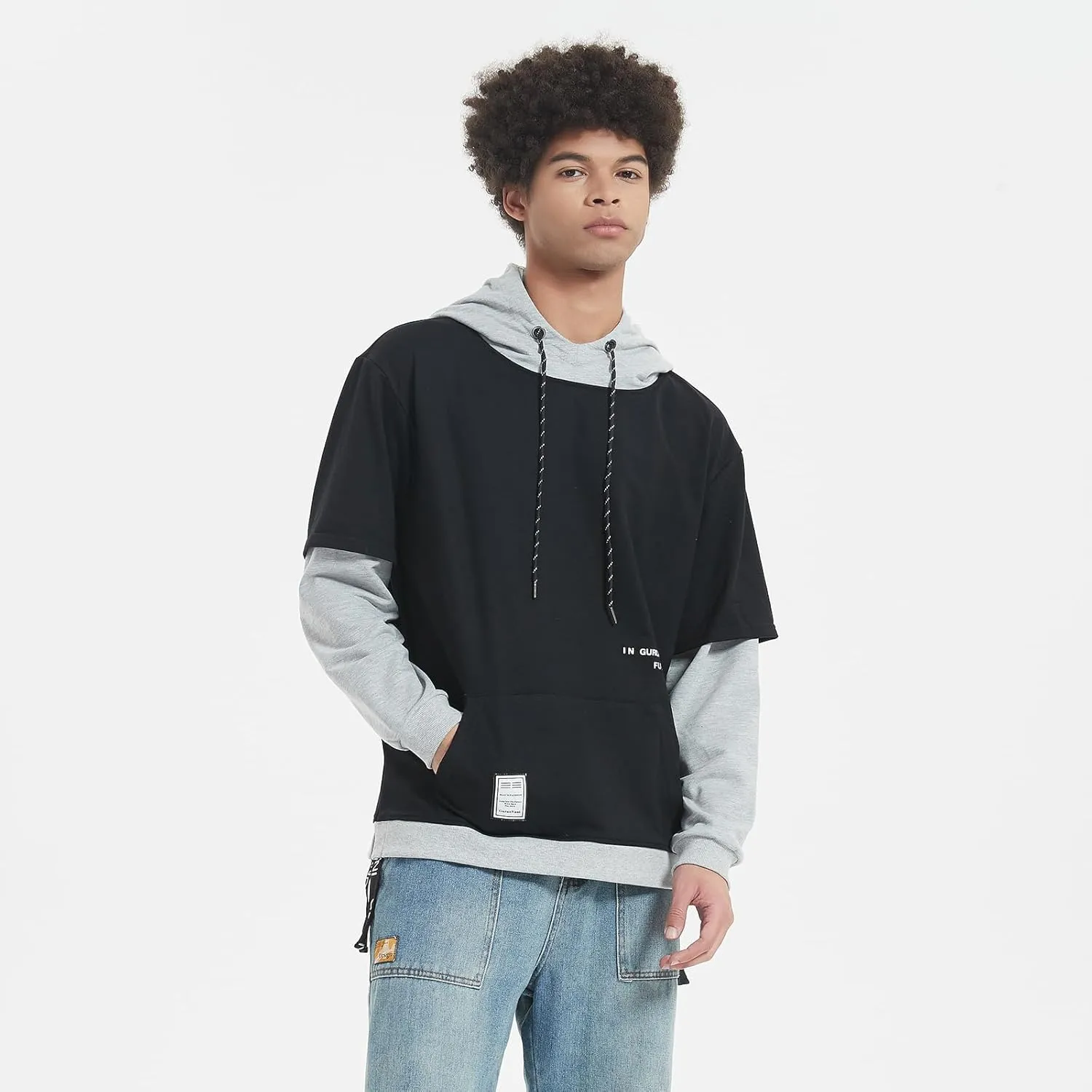 GURUNVANI Contrast Color Pullover Hoodie Mens Patchwork Hoodies Men