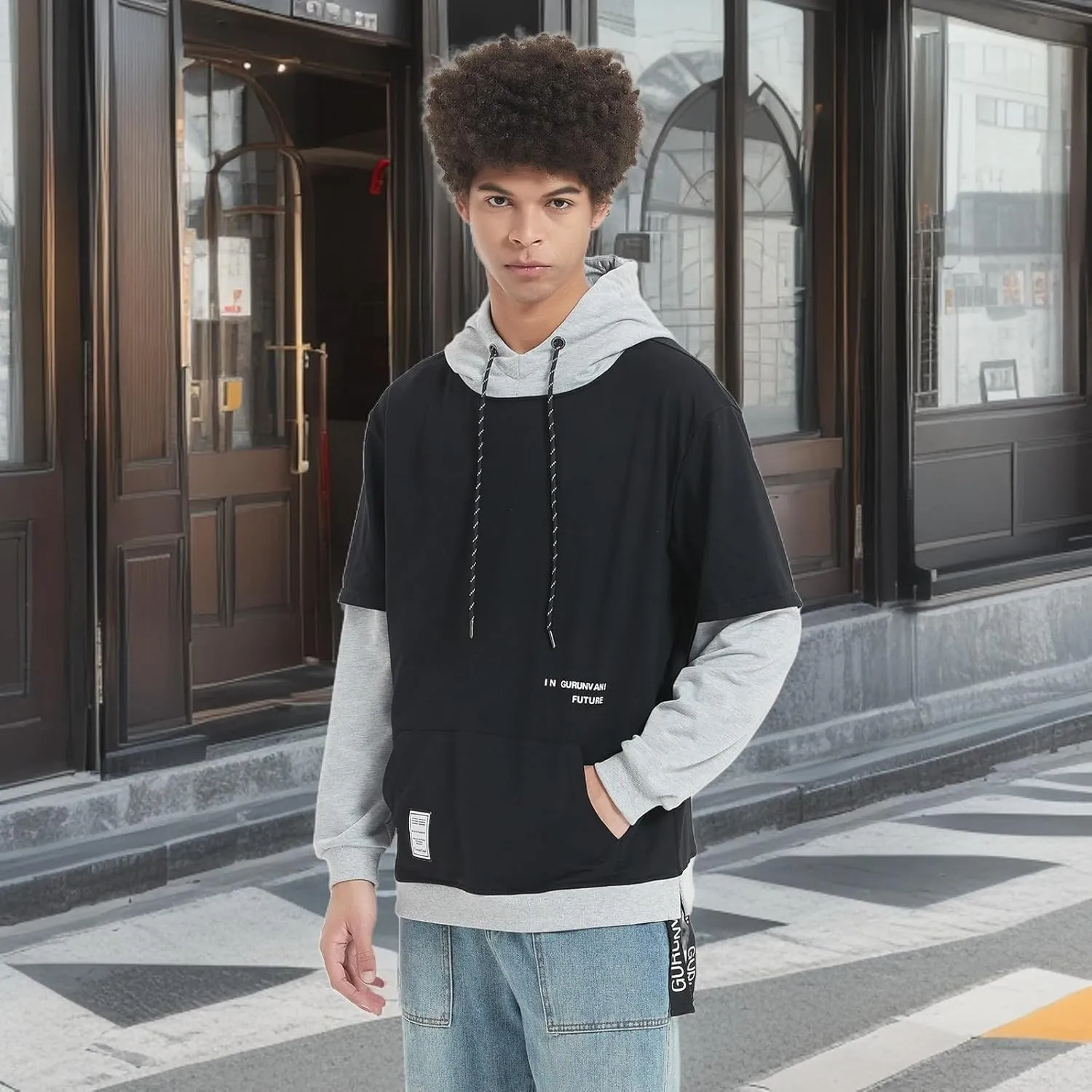 GURUNVANI Contrast Color Pullover Hoodie Mens Patchwork Hoodies Men