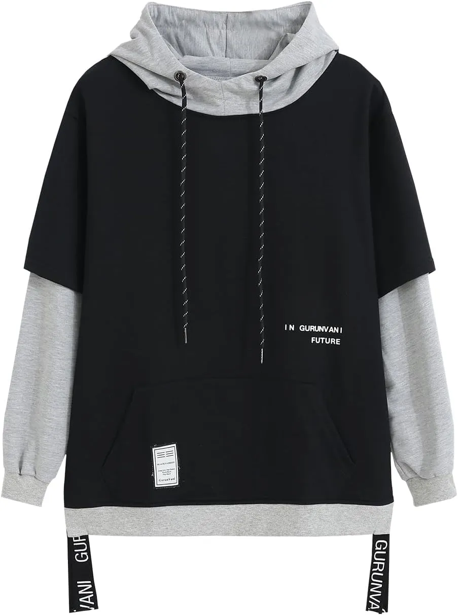 GURUNVANI Contrast Color Pullover Hoodie Mens Patchwork Hoodies Men