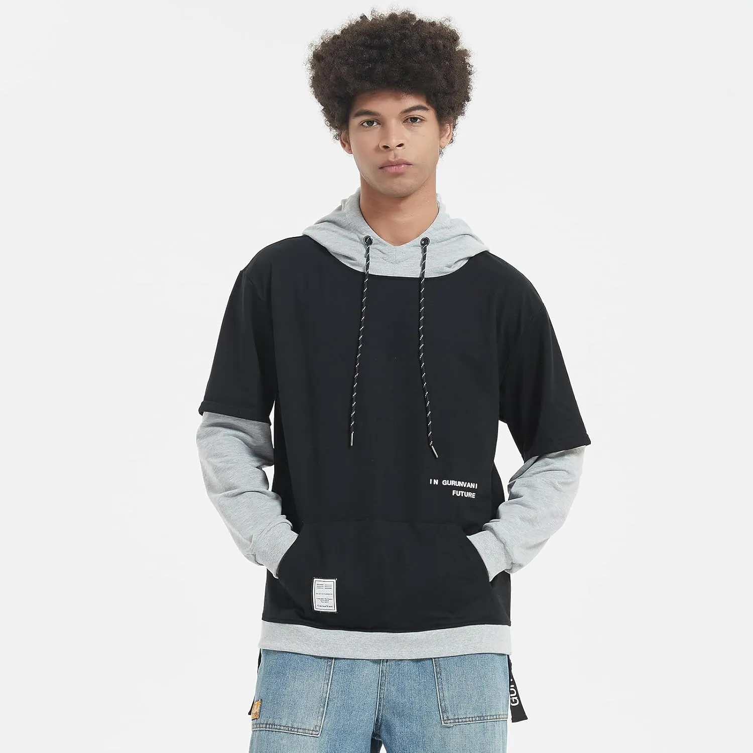 GURUNVANI Contrast Color Pullover Hoodie Mens Patchwork Hoodies Men
