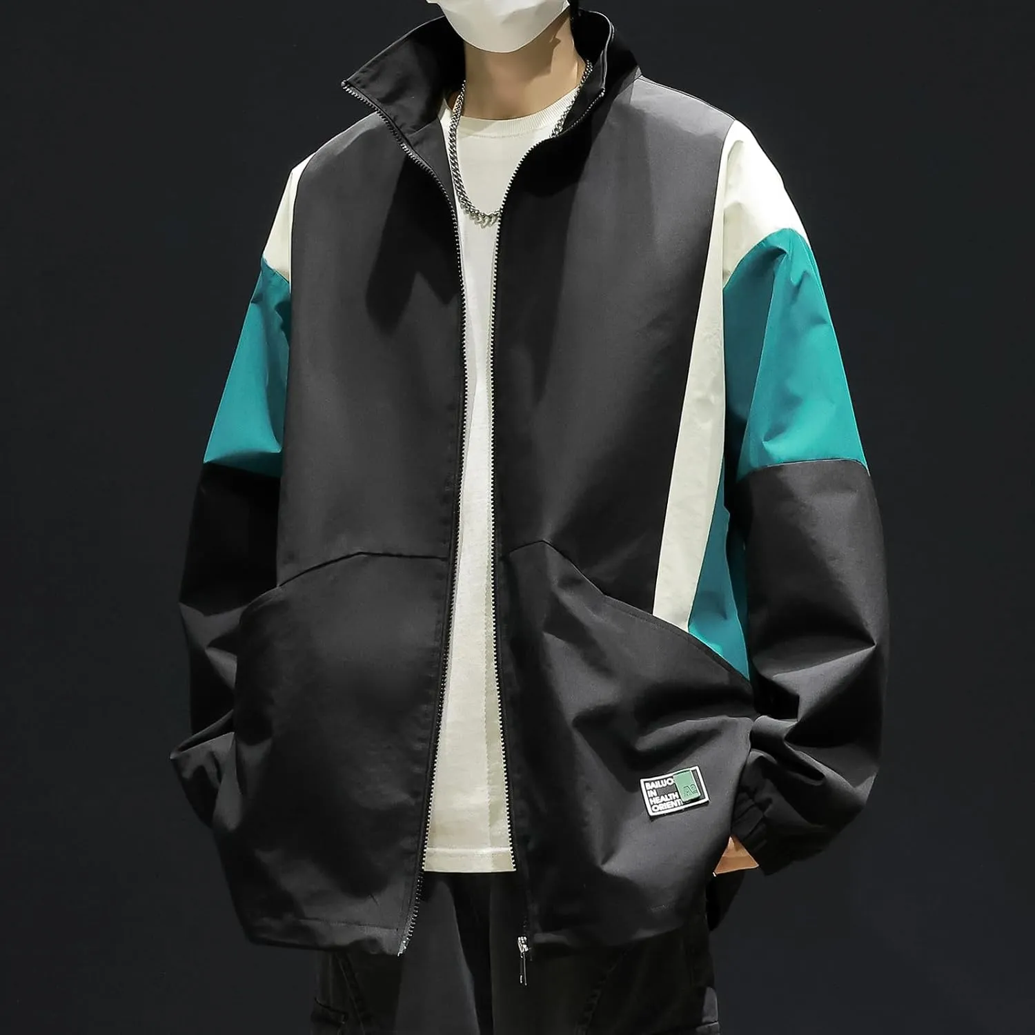 GURUNVANI Patchwork Jacket Mens Full Zip Windbreaker Vintage Varsity Jacket
