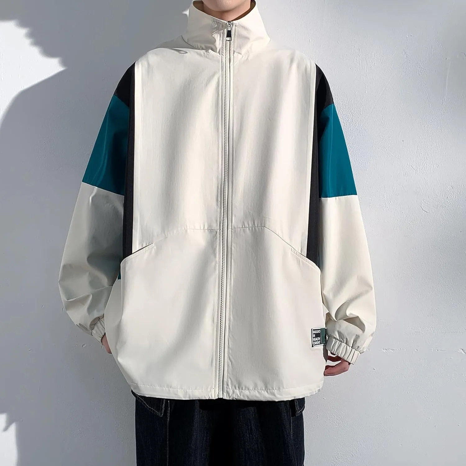 GURUNVANI Patchwork Jacket Mens Full Zip Windbreaker Vintage Varsity Jacket