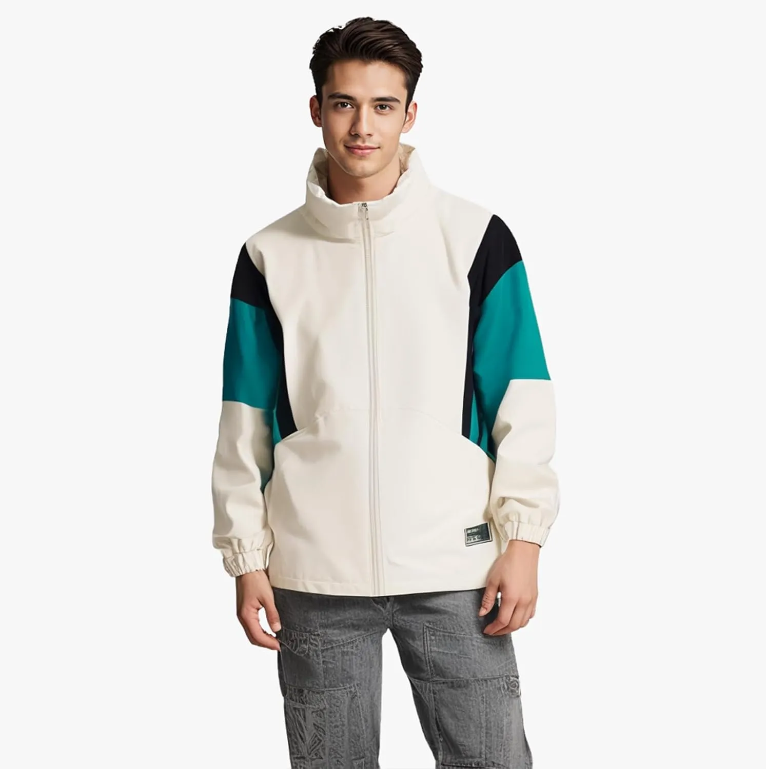 GURUNVANI Patchwork Jacket Mens Full Zip Windbreaker Vintage Varsity Jacket