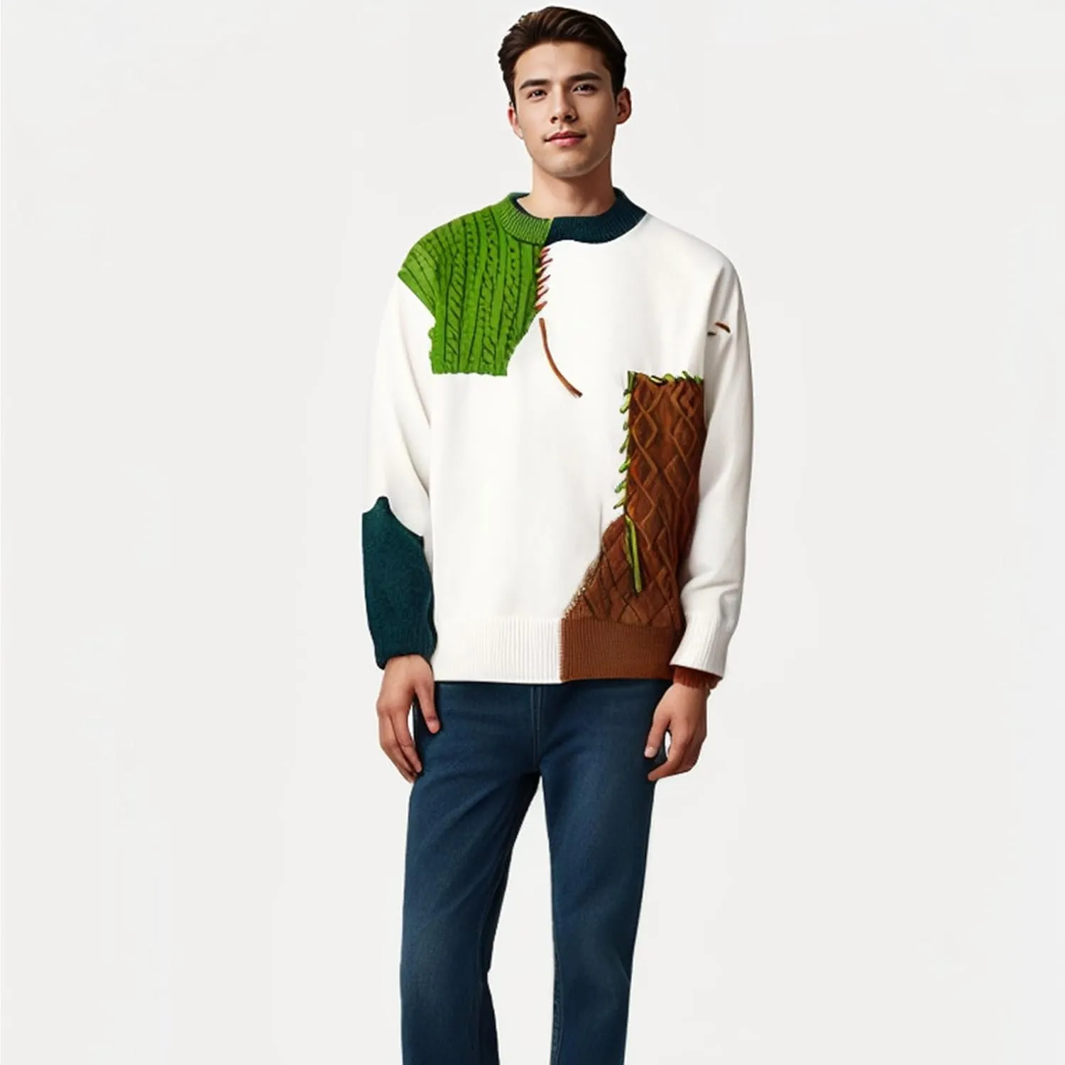 GURUNVANI Patchwork Sweater Mens Colorblock Jumper Cable Knitted Pullover Oversized