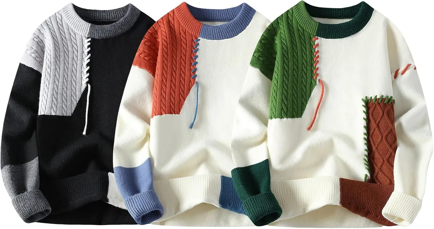GURUNVANI Patchwork Sweater Mens Colorblock Jumper Cable Knitted Pullover Oversized