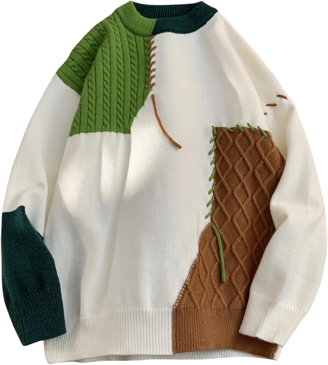 GURUNVANI Patchwork Sweater Mens Colorblock Jumper Cable Knitted Pullover Oversized