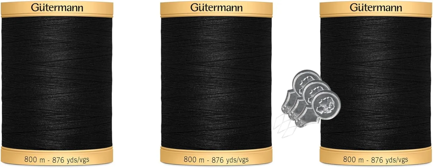 Gutermann Natural Cotton Thread (876yd/800m Each) 3-Pack Bundle with 3 Bella's Crafts Needle Threaders (Black-5201)