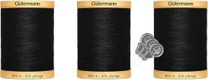 Gutermann Natural Cotton Thread (876yd/800m Each) 3-Pack Bundle with 3 Bella's Crafts Needle Threaders (Black-5201)