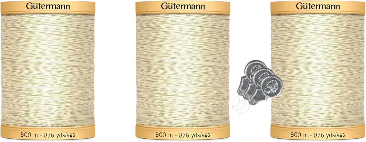 Gutermann Natural Cotton Thread (876yd/800m Each) 3-Pack Bundle with 3 Bella's Crafts Needle Threaders (Egg White-919)