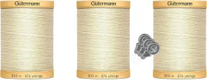 Gutermann Natural Cotton Thread (876yd/800m Each) 3-Pack Bundle with 3 Bella's Crafts Needle Threaders (Egg White-919)
