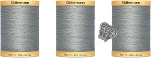 Gutermann Natural Cotton Thread (876yd/800m Each) 3-Pack Bundle with 3 Bella's Crafts Needle Threaders (Grey-6206)