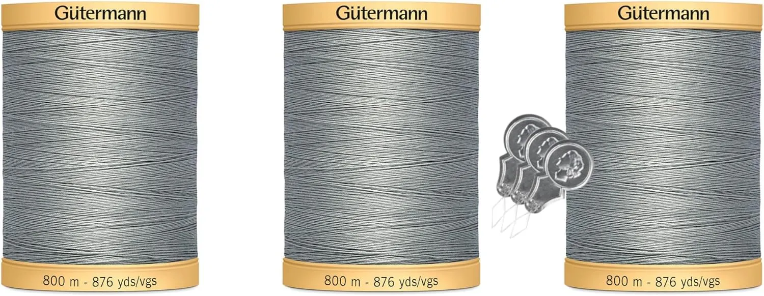 Gutermann Natural Cotton Thread (876yd/800m Each) 3-Pack Bundle with 3 Bella's Crafts Needle Threaders (Grey-6206)