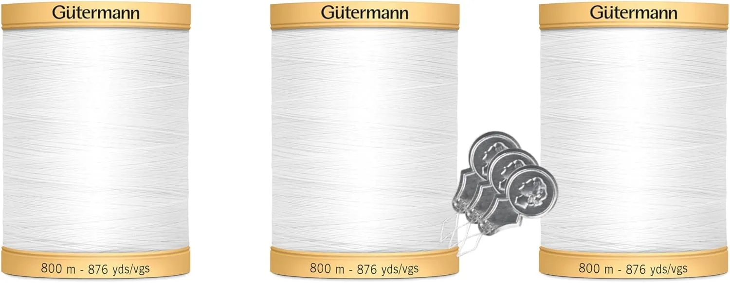 Gutermann Natural Cotton Thread (876yd/800m Each) 3-Pack Bundle with 3 Bella's Crafts Needle Threaders (White-5709)