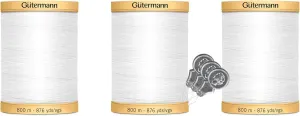 Gutermann Natural Cotton Thread (876yd/800m Each) 3-Pack Bundle with 3 Bella's Crafts Needle Threaders (White-5709)