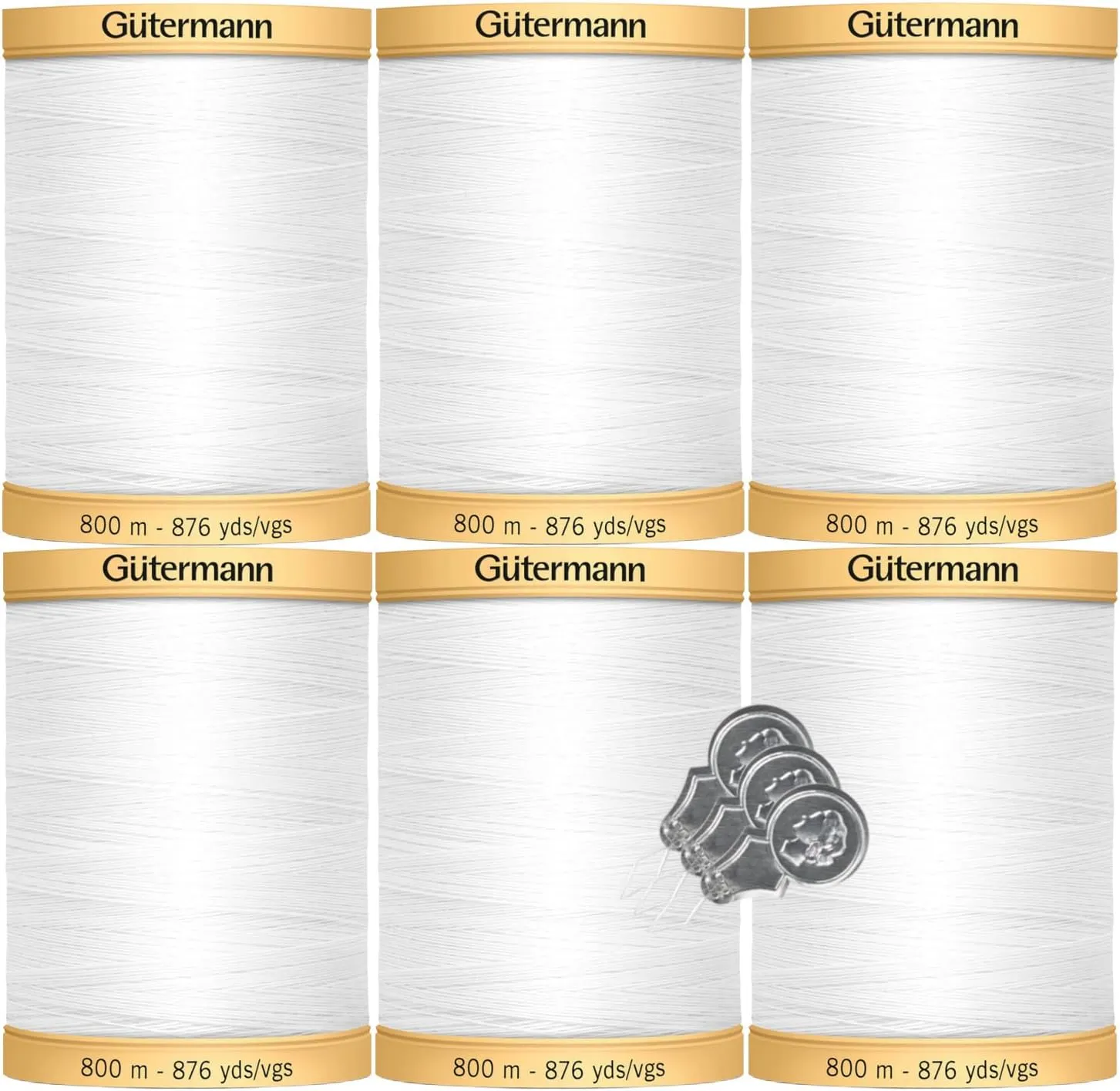 Gutermann Natural Cotton Thread (876yd/800m Each) 6-Pack Bundle with 3 Bella's Crafts Needle Threaders (White)