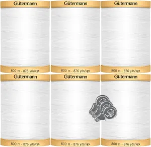Gutermann Natural Cotton Thread (876yd/800m Each) 6-Pack Bundle with 3 Bella's Crafts Needle Threaders (White)