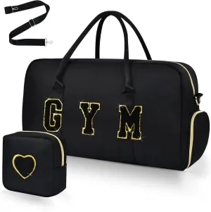 Gym Bag for Women, 2PCS Gym Tote Duffel Bag with Wet Pocket & Shoe Compartment Chenille Letter Embroidered Workout Carry on Bag for Travel, Swimming