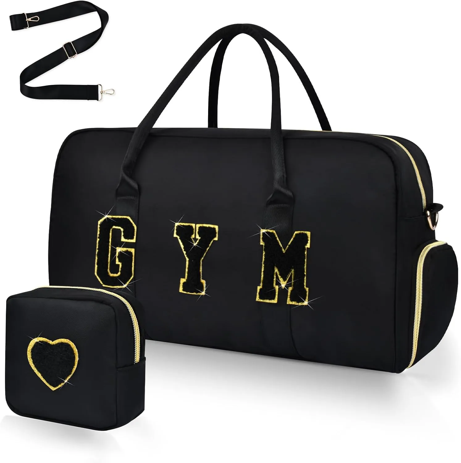 Gym Bag for Women, 2PCS Gym Tote Duffel Bag with Wet Pocket & Shoe Compartment Chenille Letter Embroidered Workout Carry on Bag for Travel, Swimming