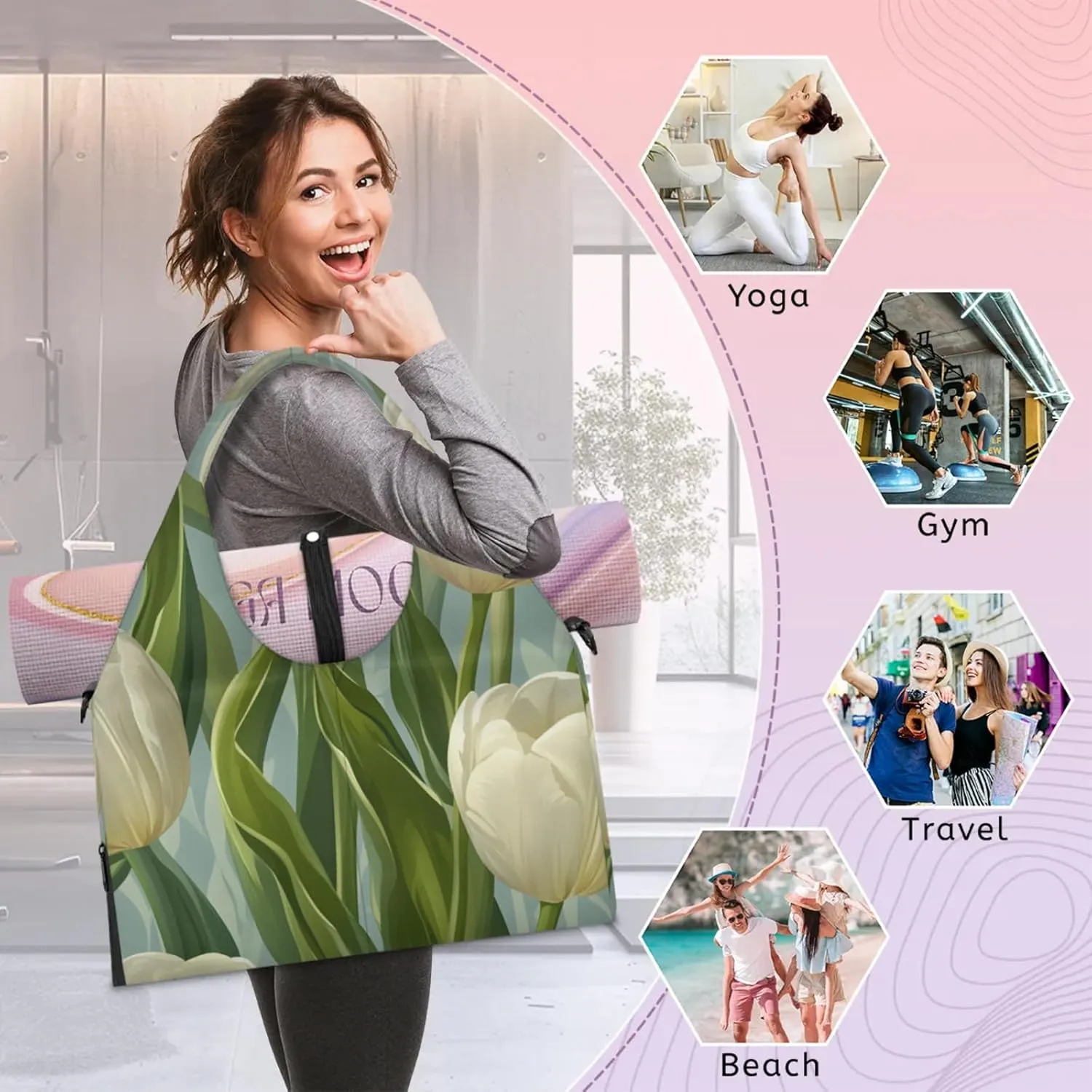 Gym Bag for Women Floral Tulip Print Duffel Bag with Shoe Compartment and Yoga Mat Holder Portable Weekender Bags Travel Tote Bags