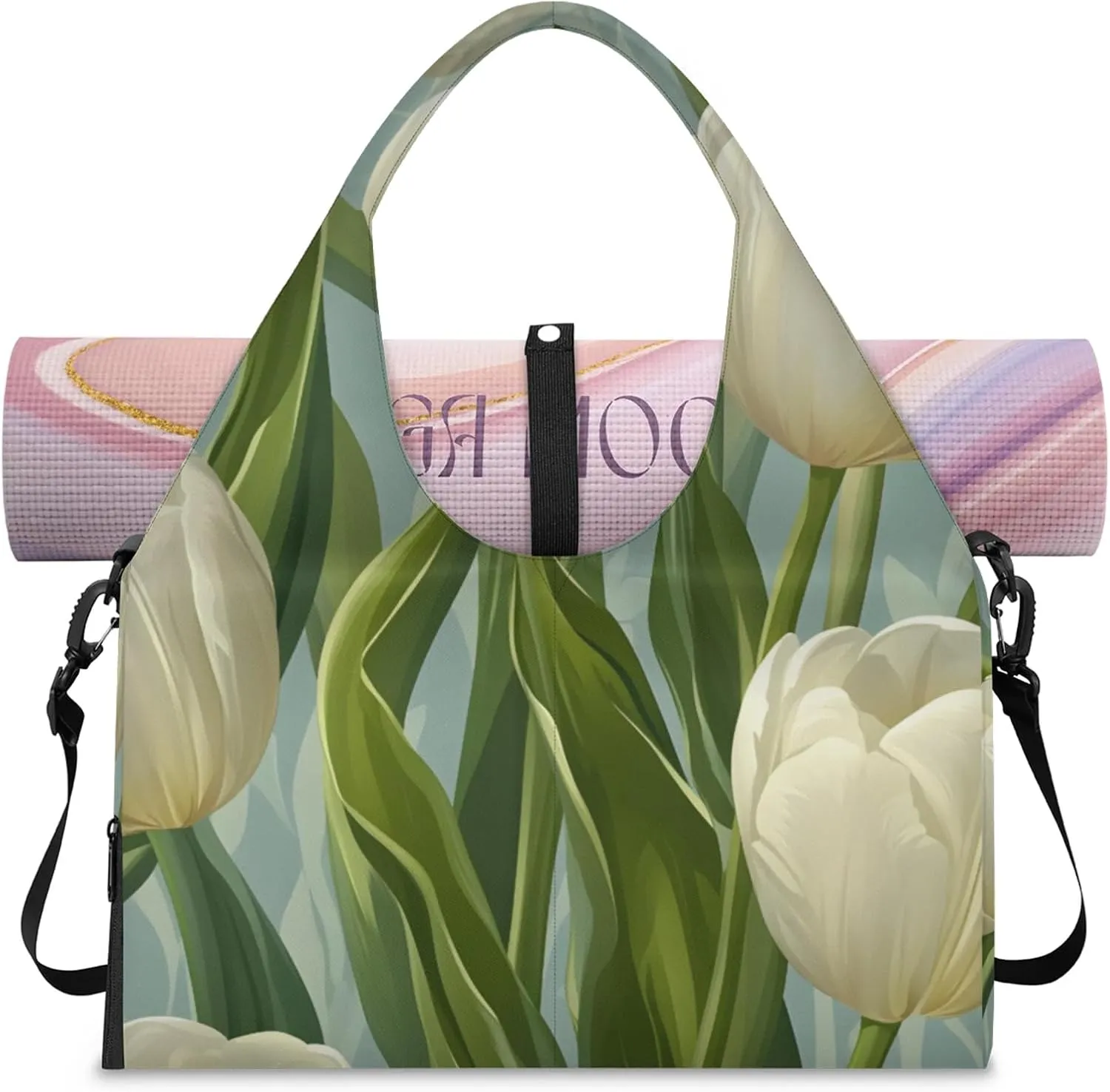 Gym Bag for Women Floral Tulip Print Duffel Bag with Shoe Compartment and Yoga Mat Holder Portable Weekender Bags Travel Tote Bags