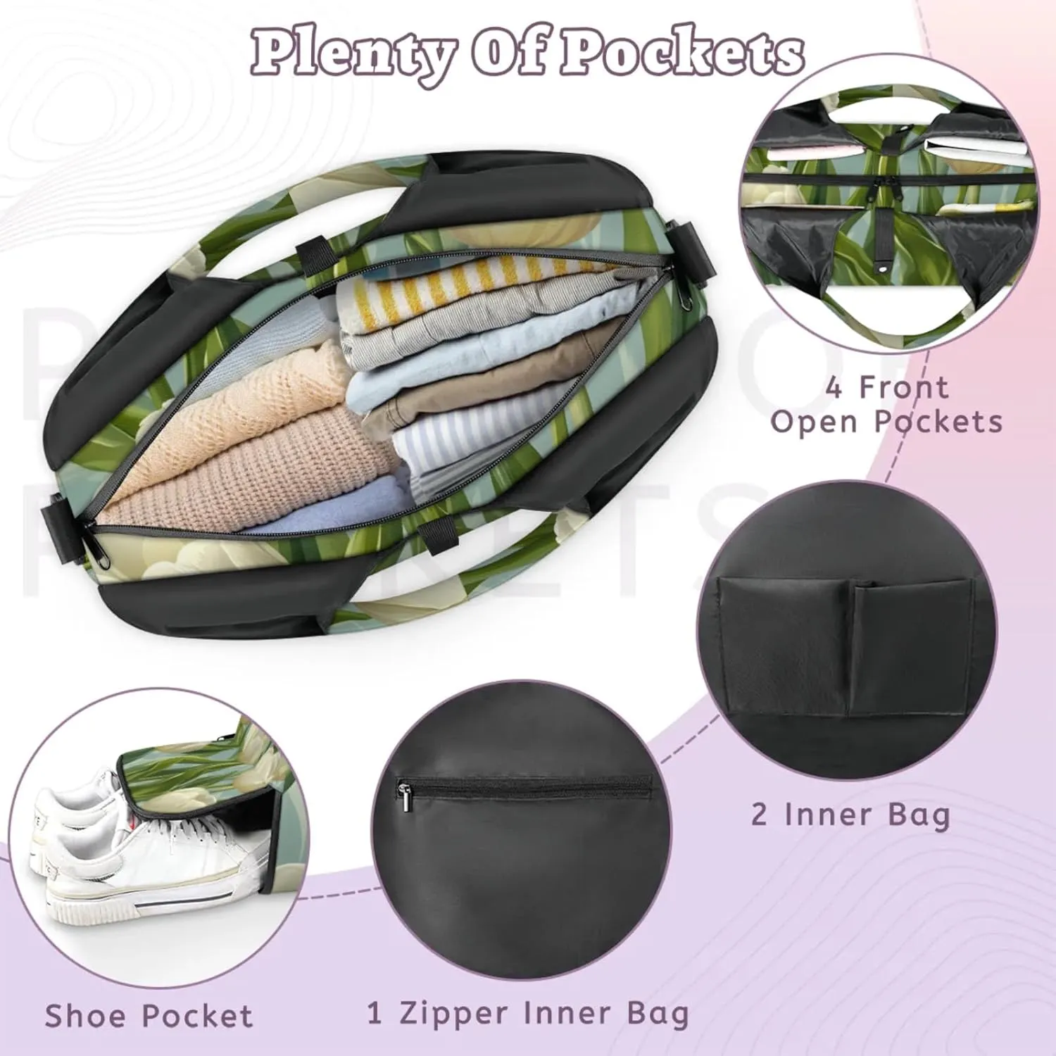 Gym Bag for Women Floral Tulip Print Duffel Bag with Shoe Compartment and Yoga Mat Holder Portable Weekender Bags Travel Tote Bags