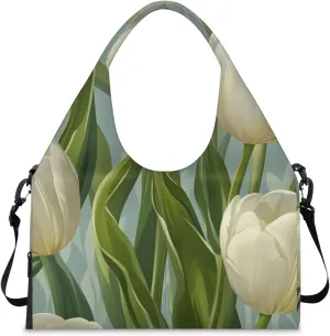 Gym Bag for Women Floral Tulip Print Duffel Bag with Shoe Compartment and Yoga Mat Holder Portable Weekender Bags Travel Tote Bags