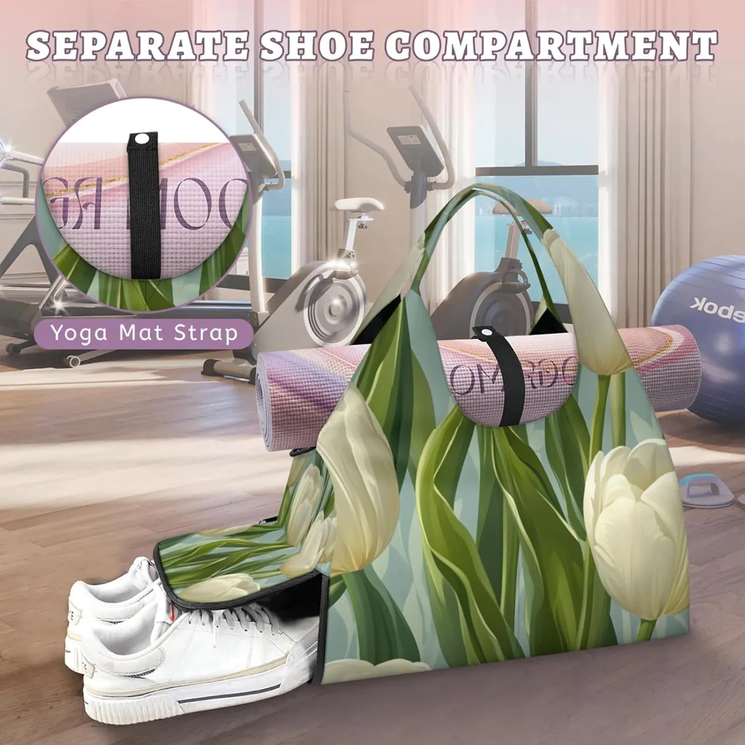 Gym Bag for Women Floral Tulip Print Duffel Bag with Shoe Compartment and Yoga Mat Holder Portable Weekender Bags Travel Tote Bags
