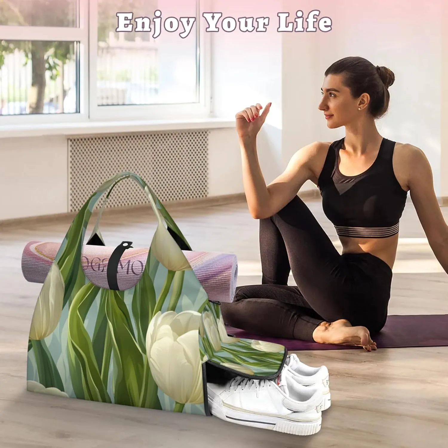 Gym Bag for Women Floral Tulip Print Duffel Bag with Shoe Compartment and Yoga Mat Holder Portable Weekender Bags Travel Tote Bags