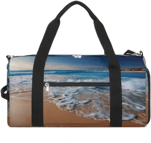 Gym Bags for Men Women,Blue Sea Sandy Beach Print Workout Bag with Shoes Compartment,Sports Duffle Bag,Travel Gym Bag,Carry On Weekender Bag